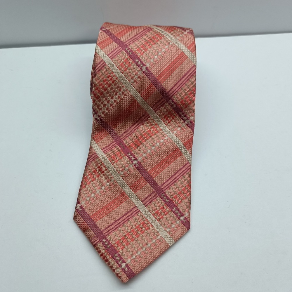 Stacy Adams Men's Tie Pink/Tan Plaid Handmade 100% Microfiber 58.5in